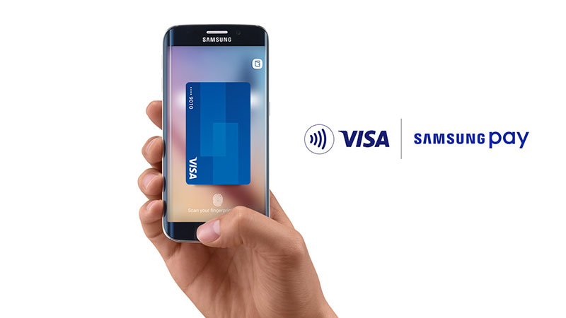 samsung mobile contactless payment + Visa logo + Samsung pay logo